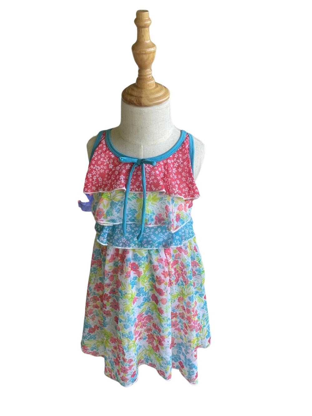 Jona Michelle Pink Blue Floral Ruffle Tank Dress
